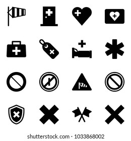 Solid vector icon set - side wind vector, first aid room, heart, kit, doctor bag, medical label, hospital bed, ambulance star, prohibition road sign, no parkin odd, shield cross, delete, flags