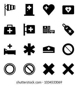 Solid vector icon set - side wind vector, first aid room, heart, kit, doctor bag, hospital building, medical label, bed, ambulance star, hat, prohibition road sign, delete cross