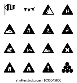 Solid vector icon set - side wind vector, flag garland, landslide road sign, oncoming traffic, steep descent, slippery, pedestrian, wild animals, railway intersection, gravel, narrows, attention