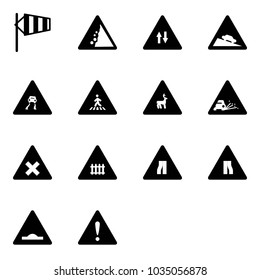 Solid vector icon set - side wind vector, landslide road sign, oncoming traffic, steep descent, slippery, pedestrian, wild animals, gravel, railway intersection, narrows, artificial unevenness
