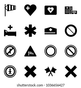 Solid vector icon set - side wind vector, heart, first aid kit, hospital building, bed, ambulance star, doctor hat, prohibition road sign, no parkin odd, pedestrian, delete cross, flags