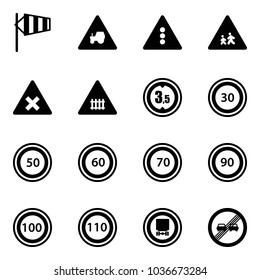Solid vector icon set - side wind vector, tractor way road sign, traffic light, children, railway intersection, limited height, speed limit 30, 50, 60, 70, 90, 100, 110, no dangerous cargo