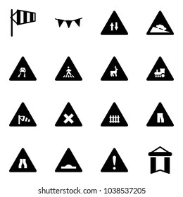 Solid vector icon set - side wind vector, flag garland, oncoming traffic road sign, steep descent, slippery, pedestrian, wild animals, railway intersection, narrows, artificial unevenness, attention