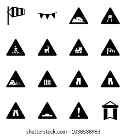 Solid vector icon set - side wind vector, flag garland, steep descent road sign, slippery, pedestrian, wild animals, railway intersection, gravel, narrows, artificial unevenness, attention, pennant