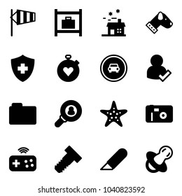 Solid vector icon set - side wind vector, baggage room, house, dog, stopwatch heart, no car road sign, user check, folder, head hunter, starfish, photo, joystick wireless, bolt, work knife, soother