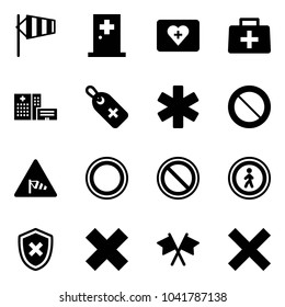 Solid vector icon set - side wind vector, first aid room, kit, doctor bag, hospital building, medical label, ambulance star, prohibition road sign, no pedestrian, shield cross, delete, flags