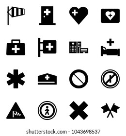Solid vector icon set - side wind vector, first aid room, heart, kit, doctor bag, hospital building, bed, ambulance star, hat, prohibition road sign, no parkin odd, pedestrian, delete cross, flags