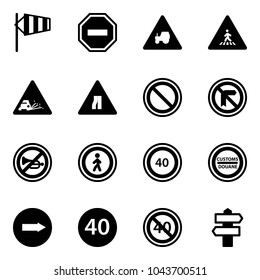 Solid vector icon set - side wind vector, no way road sign, tractor, pedestrian, gravel, narrows, prohibition, horn, speed limit 40, customs, only right, minimal, end, signpost