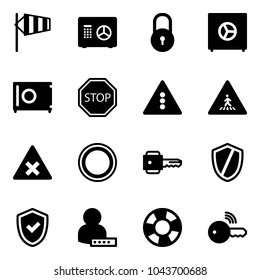 Solid vector icon set - side wind vector, safe, lock, stop road sign, traffic light, pedestrian, railway intersection, prohibition, key, shield, check, user password, lifebuoy, wireless