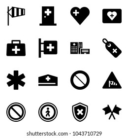 Solid vector icon set - side wind vector, first aid room, heart, kit, doctor bag, hospital building, medical label, ambulance star, hat, prohibition road sign, no pedestrian, shield cross, flags