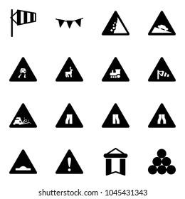 Solid vector icon set - side wind vector, flag garland, landslide road sign, steep descent, slippery, wild animals, railway intersection, gravel, narrows, artificial unevenness, attention, pennant