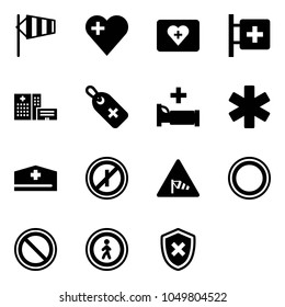 Solid vector icon set - side wind vector, heart, first aid kit, room, hospital building, medical label, bed, ambulance star, doctor hat, no parkin odd, road sign, prohibition, pedestrian