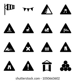 Solid vector icon set - side wind vector, flag garland, landslide road sign, slippery, pedestrian, wild animals, railway intersection, gravel, narrows, attention, pennant, billiards balls
