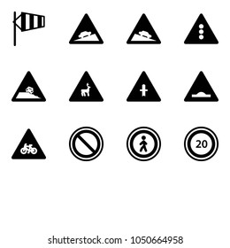 Solid vector icon set - side wind vector, climb road sign, steep descent, traffic light, roadside, wild animals, intersection, artificial unevenness, for moto, prohibition, no pedestrian