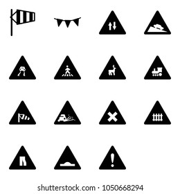 Solid vector icon set - side wind vector, flag garland, oncoming traffic road sign, steep descent, slippery, pedestrian, wild animals, railway intersection, gravel, narrows, artificial unevenness