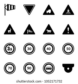 Solid vector icon set - side wind vector, giving way road sign, tractor, pedestrian, wild animals, cow, attention, limited height, speed limit 30, 40, 50, 70, 90, no bus, surveillance camera