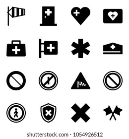 Solid vector icon set - side wind vector, first aid room, heart, kit, doctor bag, ambulance star, hat, prohibition road sign, no parkin odd, pedestrian, shield cross, delete, flags