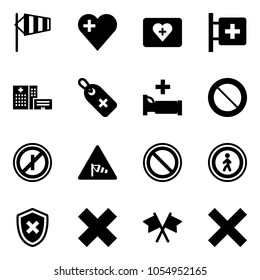 Solid vector icon set - side wind vector, heart, first aid kit, room, hospital building, medical label, bed, prohibition road sign, no parkin odd, pedestrian, shield cross, delete, flags