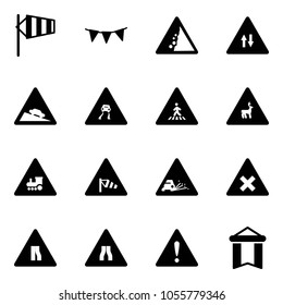 Solid vector icon set - side wind vector, flag garland, landslide road sign, oncoming traffic, steep descent, slippery, pedestrian, wild animals, railway intersection, gravel, narrows, attention