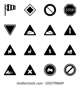 Solid vector icon set - side wind vector, main road sign, prohibition, stop, giving way, climb, steep descent, traffic light, abrupt turn right, wild animals, intersection, railway, gravel, no moto