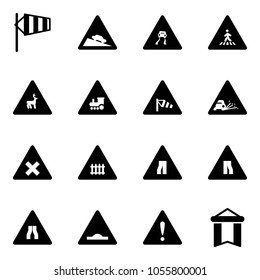 Solid vector icon set - side wind vector, steep descent road sign, slippery, pedestrian, wild animals, railway intersection, gravel, narrows, artificial unevenness, attention, pennant