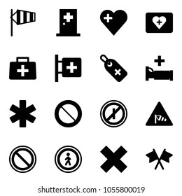 Solid vector icon set - side wind vector, first aid room, heart, kit, doctor bag, medical label, hospital bed, ambulance star, prohibition road sign, no parkin odd, pedestrian, delete cross, flags