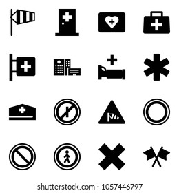 Solid vector icon set - side wind vector, first aid room, kit, doctor bag, hospital building, bed, ambulance star, hat, no parkin odd, road sign, prohibition, pedestrian, delete cross, flags