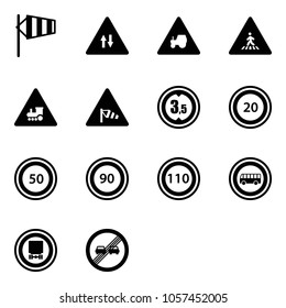 Solid vector icon set - side wind vector, oncoming traffic road sign, tractor way, pedestrian, railway intersection, limited height, speed limit 20, 50, 90, 110, no bus, dangerous cargo