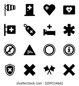 Solid vector icon set - side wind vector, first aid room, heart, kit, medical label, hospital bed, ambulance star, no parkin odd, road sign, prohibition, pedestrian, shield cross, delete, flags