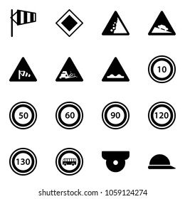 Solid vector icon set - side wind vector, main road sign, landslide, steep descent, gravel, rough, speed limit 10, 50, 60, 90, 120, 130, no bus, surveillance camera, construction helmet