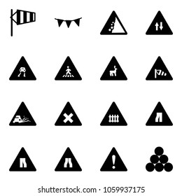 Solid vector icon set - side wind vector, flag garland, landslide road sign, oncoming traffic, slippery, pedestrian, wild animals, gravel, railway intersection, narrows, attention, billiards balls
