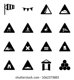 Solid vector icon set - side wind vector, flag garland, landslide road sign, steep descent, slippery, pedestrian, wild animals, gravel, railway intersection, narrows, artificial unevenness, pennant