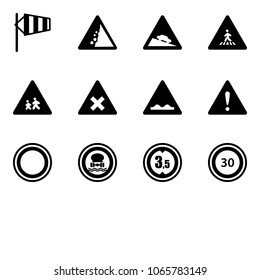 Solid vector icon set - side wind vector, landslide road sign, steep descent, pedestrian, children, railway intersection, rough, attention, prohibition, no dangerous cargo, limited height