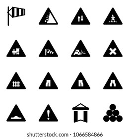Solid vector icon set - side wind vector, landslide road sign, oncoming traffic, pedestrian, railway intersection, gravel, narrows, artificial unevenness, attention, pennant, billiards balls