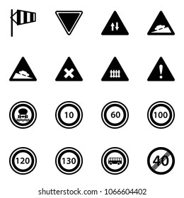 Solid vector icon set - side wind vector, giving way road sign, oncoming traffic, climb, steep descent, railway intersection, attention, no dangerous cargo, speed limit 10, 60, 100, 120, 130, bus