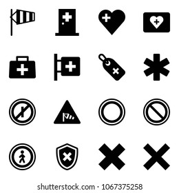 Solid vector icon set - side wind vector, first aid room, heart, kit, doctor bag, medical label, ambulance star, no parkin odd, road sign, prohibition, pedestrian, shield cross, delete