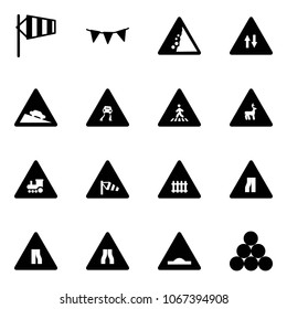 Solid vector icon set - side wind vector, flag garland, landslide road sign, oncoming traffic, steep descent, slippery, pedestrian, wild animals, railway intersection, narrows, artificial unevenness