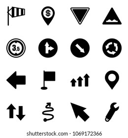 Solid vector icon set - side wind vector, dollar pin, giving way road sign, rough, limited height, only forward right, detour, circle, left arrow, flag, arrows up, map, down, trip, cursor, wrench