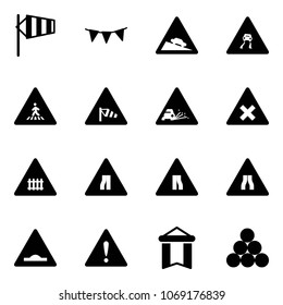 Solid vector icon set - side wind vector, flag garland, steep descent road sign, slippery, pedestrian, gravel, railway intersection, narrows, artificial unevenness, attention, pennant