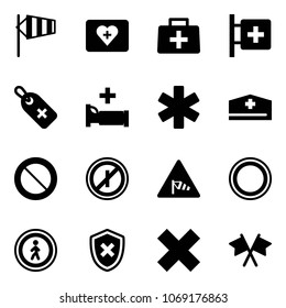 Solid vector icon set - side wind vector, first aid kit, doctor bag, room, medical label, hospital bed, ambulance star, hat, prohibition road sign, no parkin odd, pedestrian, shield cross, delete