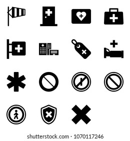 Solid vector icon set - side wind vector, first aid room, kit, doctor bag, hospital building, medical label, bed, ambulance star, prohibition road sign, no parkin odd, pedestrian, shield cross