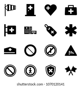 Solid vector icon set - side wind vector, first aid room, heart, doctor bag, hospital building, medical label, ambulance star, hat, prohibition road sign, no parkin odd, pedestrian, shield cross