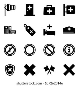 Solid vector icon set - side wind vector, first aid room, doctor bag, hospital building, medical label, bed, hat, no parkin odd, prohibition road sign, pedestrian, shield cross, delete, flags