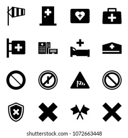 Solid vector icon set - side wind vector, first aid room, kit, doctor bag, hospital building, bed, hat, prohibition road sign, no parkin odd, shield cross, delete, flags