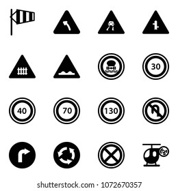 Solid vector icon set - side wind vector, turn left road sign, slippery, intersection, railway, rough, no dangerous cargo, speed limit 30, 40, 70, 130, back, only right, circle, stop, helicopter toy