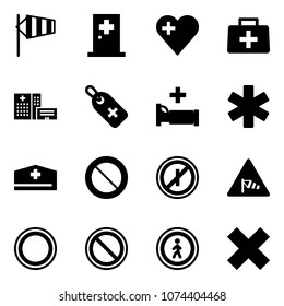 Solid vector icon set - side wind vector, first aid room, heart, doctor bag, hospital building, medical label, bed, ambulance star, hat, prohibition road sign, no parkin odd, pedestrian