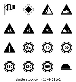 Solid vector icon set - side wind vector, main road sign, landslide, steep descent, children, wild animals, gravel, attention, limited height, speed limit 50, 60, 110, 120, no bus