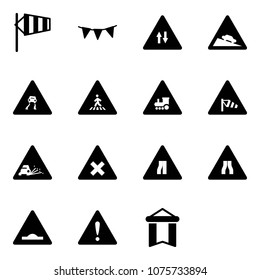 Solid vector icon set - side wind vector, flag garland, oncoming traffic road sign, steep descent, slippery, pedestrian, railway intersection, gravel, narrows, artificial unevenness, attention