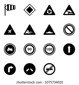 Solid vector icon set - side wind vector, main road sign, round motion, embankment, airport, gravel, artificial unevenness, prohibition, no moto, speed limit 90, 100, only forward, right, detour