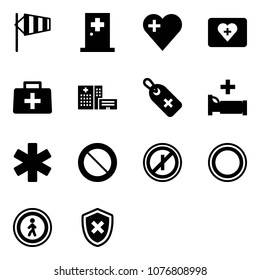 Solid vector icon set - side wind vector, first aid room, heart, kit, doctor bag, hospital building, medical label, bed, ambulance star, prohibition road sign, no parkin odd, pedestrian